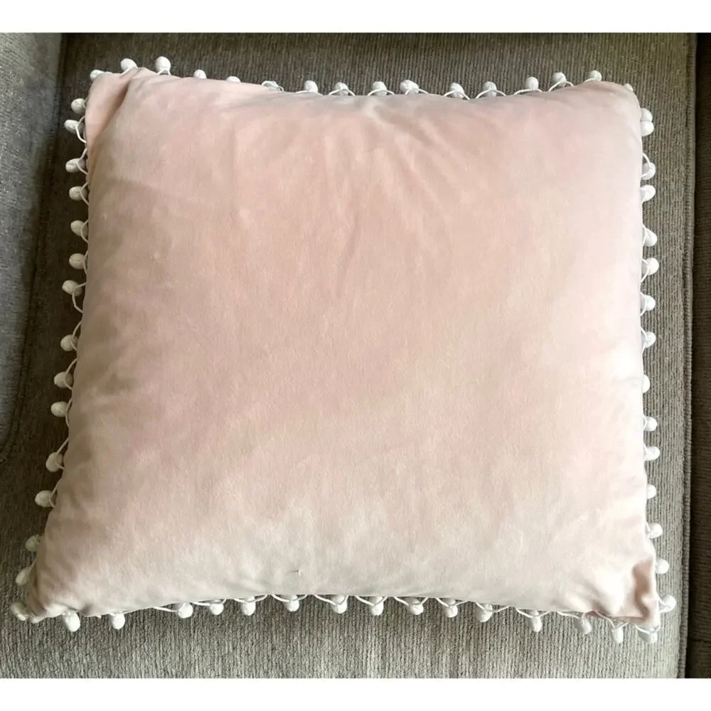 Pink Velour “Sleigh Girl Sleigh“ Christmas Goose Down Pillow w Ball Fringe 19x19
